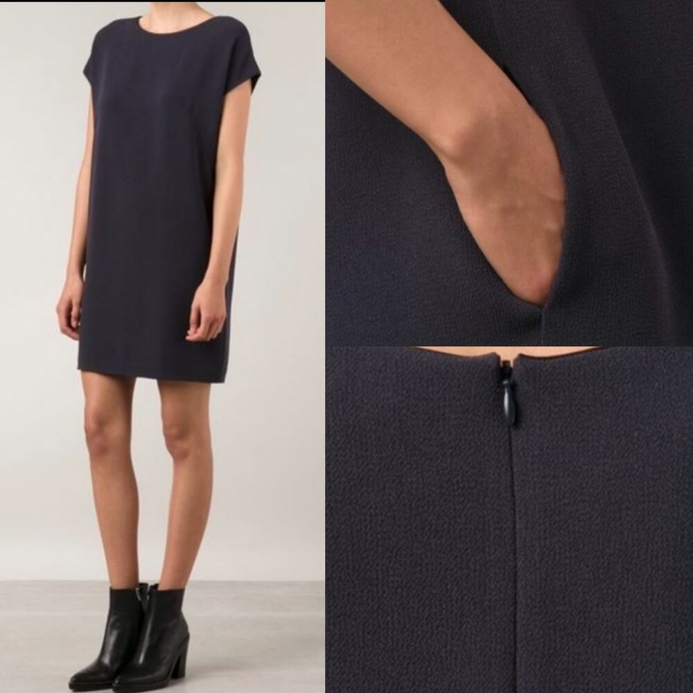 Vince Leather Piped Crepe Shift Mini Tunic Dress size Medium Charcoal Black - Picture 6 of 15